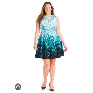 Gabby Skye Sleeveless Teal Ombre Floral A-Line Dress Butterfly